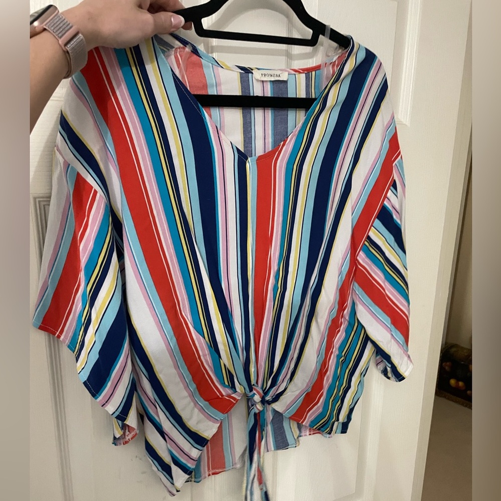 striped flowy top with tie in front